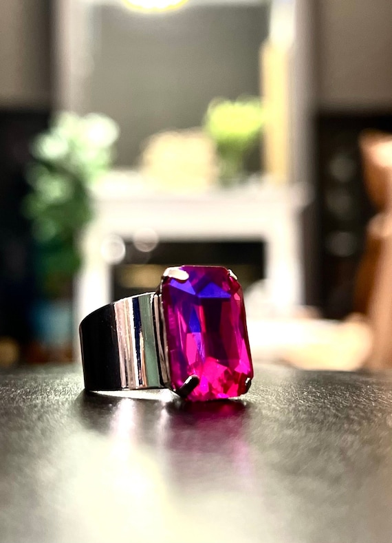 Hot Pink Ring Fuchsia Magenta Adjustable Octagon Anna Wintour Georgian Victorian Vintage Statement Gold Silver Bridal Wedding Prom Pageant