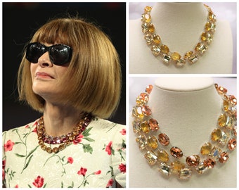 Anna Wintour Topaz Yellow Honey Gold Necklace Peach Oval Champagne Octagon Riviere Georgian Paste Old Mine Cut Collet Vintage choker Layered