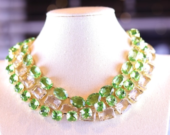 Anna Wintour Peridot Green Necklace Cushion Cut Octagon Oval Clear White Georgian Riviere Paste Old Mine Cut Collet Vintage choker Layered