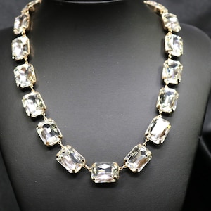 Anna Wintour Necklace Bracelet Earrings Ring White Clear Crystal Asscher Diamond Square Cut Georgian Paste Riviere Collet Vintage choker