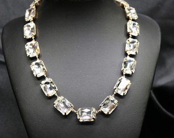 Anna Wintour Necklace Bracelet Earrings Ring White Clear Crystal Asscher Diamond Square Cut Georgian Paste Riviere Collet Vintage choker