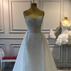 Pearl Beaded Strapless Mermaid Wedding Dress, Luxury Beaded Bling Ball Gown - Sparkly Beaded Lace Top Princess Wedding Gown