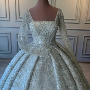 Pre-Order Custom Bridal Luxury Glitter Princess Wedding Dress, Sparkly Bridal Dress, Custom Made Wedding Gown, Long Sleeve Wedding Dress
