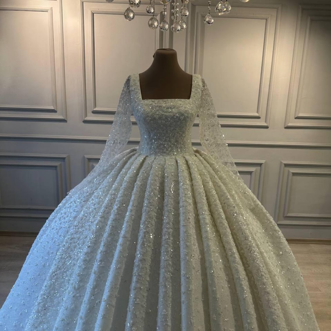 Pre-order Custom Bridal Luxury Long Sleeve Wedding Dress – Square Neck ...