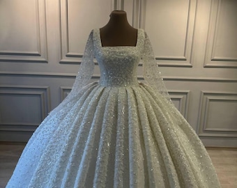 Custom Beaded Wedding Ball Gown: Long Sleeve Sparkly Bridal Dress