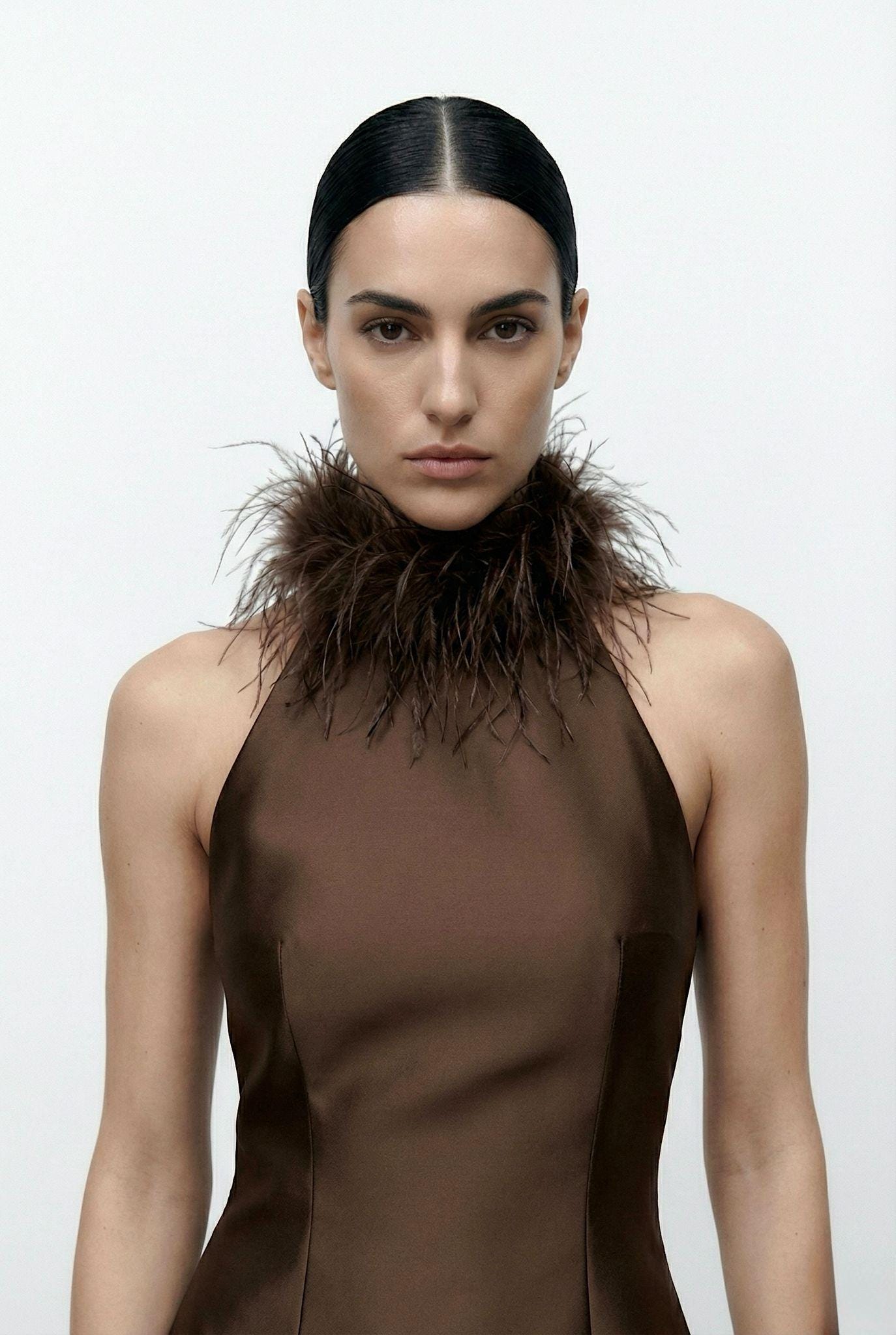 Brown Satin Mini Dress, Feather Trim Dress, Halter Neck Dress, Backless Cocktail Dress, Elegant Evening Dress, Wedding Guest Dress