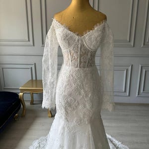 Frech Lace Mermaid Wedding Dress, Elegant Weddng Gown, Long sleeve wedding dress, tulle wedding dress, Classic wedding dress
