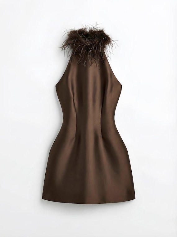 brown dress with feather trim Satin Mini Dress, Dress, Halter Neck Dress, Backless Cocktail Dress, Elegant Evening Dress, Wedding Guest Summer Elegant White Dresses tutu dresses Color:Mallard length design ensures versatility