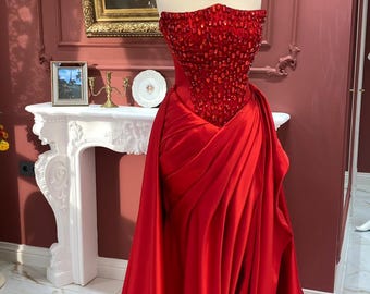 Hand Beaded Red Corset Gown, Draped Satin Prom Dress