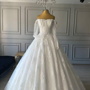 Pre-Order Custom Bridal Luxury Lace Princess Wedding Dress, Elegant Long Train Ball Gown, Beaded Bridal Couture, Romantic Lace Wedding Gown