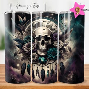 Mystical Skull Tumbler Wrap Design, Gothic Skull 20oz Skinny Tumbler Design, Dreamcatcher Tumbler Sublimation Instant Digital Download