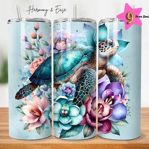 Sea Turtle And Flowers Tumbler Summer Tumbler Wrap Design, 20 oz 20oz Tumbler Design, Seamless Sublimation Instant Digital Download