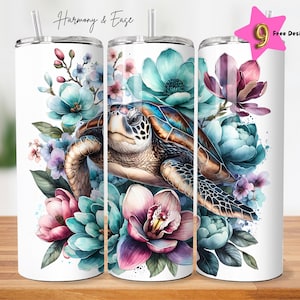 Sea Turtle And Flowers Tumbler Summer Tumbler Wrap Design, 20 oz 20oz Tumbler Design, Seamless Sublimation Instant Digital Download