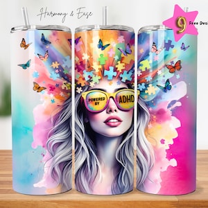 Powered by ADHD Awareness 20oz Skinny Tumbler Wrap Design, Neurodivergent PNG, Sublimation Design Digital Download ONLY