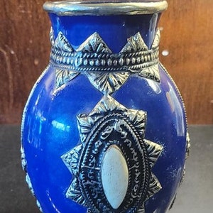 Blue Moorish Ceramic & Metal Overlay Pot