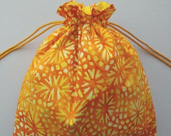 Cloth drawstring bag 9.75"x11.25" eco-friendly reusable cloth gift bag batik yellow orange (6608)