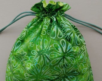 Cloth drawstring bag 9.75"x12" reusable eco-friendly cloth gift bag  cotton batik green floral (6599)