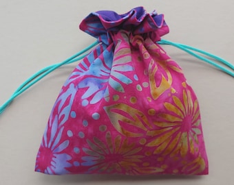 Fabric drawstring bag 6.75"x7.75" fully lined reusable cloth bag pouch gift bag batik whimsical floral pink  (#6632)