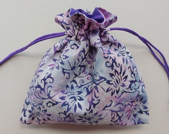 Fabric drawstring bag 7"x7.5" fully lined reusable cloth bag pouch gift bag batik floral purple pink  (#6635)