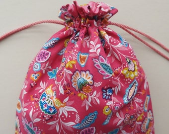 Fabric Drawstring bag 9.75"x12" reusable eco-friendly cloth gift bag whimsical pink floral  (6598)