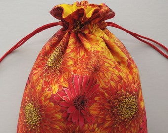 Fabric Drawstring bag 8.5"x11.5" reusable eco-friendly cloth gift bag floral orange red yellow  (6566)