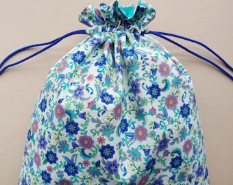 Fabric Drawstring bag 10"x12.5" reusable eco-friendly cloth gift bag cotton blue floral    (6588)