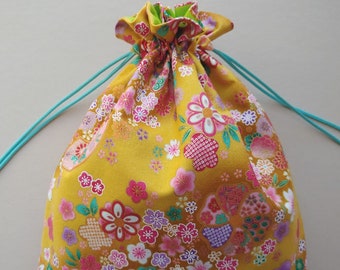 Fabric drawstring bag 9.75"x13" reusable cloth bag eco-friendly fabric gift bag  Japanese traditional floral rustic yellow pink red (6607)