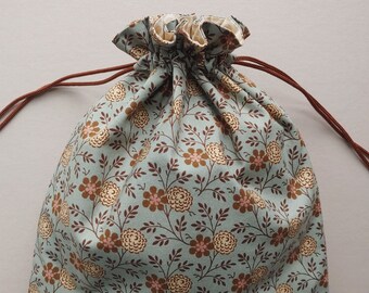 Fabric Drawstring bag 10"x12.25" reusable eco-friendly cloth gift bag cotton dusty blue floral   (6653)