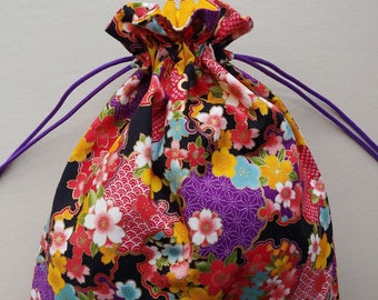 Fabric drawstring bag 9"x12.5" fully lined reusable cloth bag pouch gift bag Japanese floral (#6567)