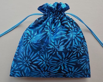 Fabric drawstring bag 9.5"x10" fully lined reusable cloth bag pouch gift bag cotton batik blue floral  (6636)