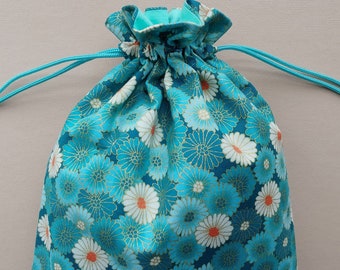 Fabric drawstring bag 8.5x12.5" reusable cloth bag eco-friendly fabric gift bag  Japanese floral teal white  (6602)