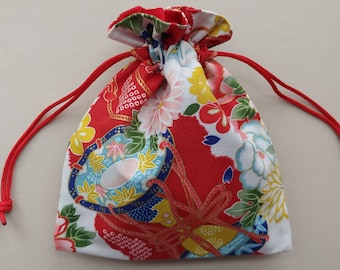 Fabric drawstring bag 6.75"x8" fully lined reusable cloth bag pouch gift bag traditional Asian floral hand-drum red  (6601