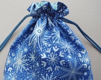 Fabric Drawstring bag 9.5"x13.5" reusable eco-friendly cloth gift bag blue silver snowflakes  (6181)