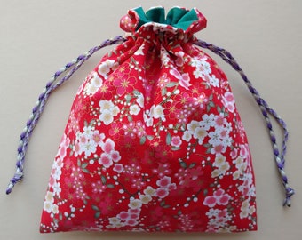 Fabric drawstring bag 8.75"x10.25" fully lined reusable cloth bag pouch gift bag Japanese floral red pink (#6609)