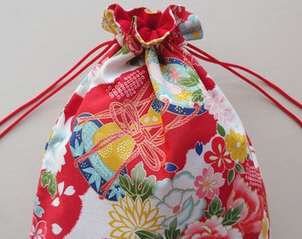 Fabric drawstring bag 9.75"x12.5" reusable cloth bag eco-friendly fabric gift bag  Japanese traditional floral fan hand drum red  (6534)