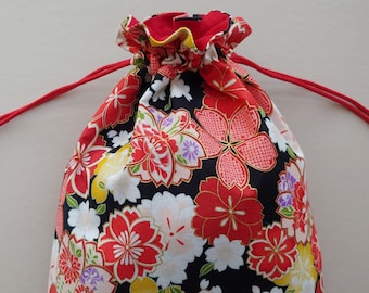 Fabric drawstring bag 8.5"x12.5" fully lined reusable cloth bag pouch gift bag Japanese floral  red (6587)