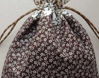 Fabric drawstring bag 9.5"x13.75" reusable cloth bag eco-friendly fabric gift bag cotton brown off-white floral  (7418)