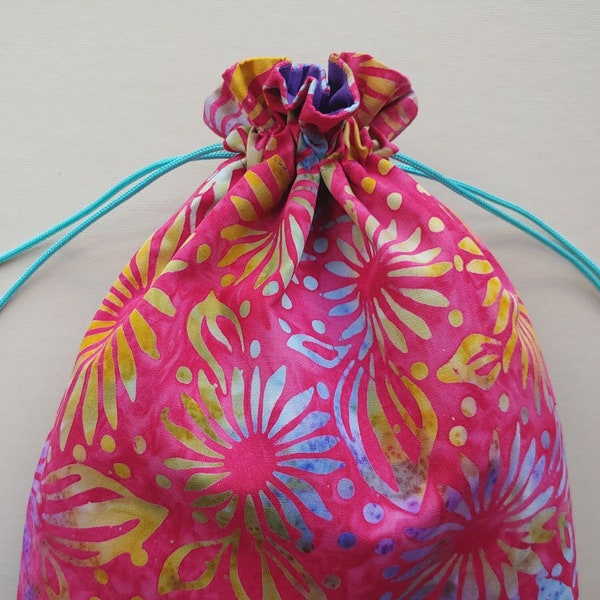 Fabric drawstring bag 9.5"x12.5" reusable cloth bag eco-friendly fabric gift bag island batik whimsical floral pink yellow blue (6631)