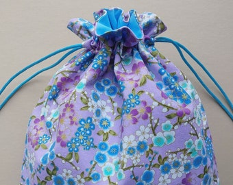 Fabric drawstring bag 9.75"x12.5" reusable cloth bag eco-friendly fabric gift bag  Japanese floral lavender blue  (6564)