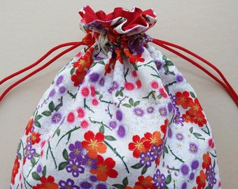 Fabric drawstring bag 10.5"x13" fully lined reusable cloth bag pouch gift bag Japanese floral red purple white (#6372)