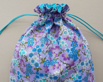 Fabric drawstring bag 10.25"x13.5" fully lined reusable cloth bag pouch gift bag Japanese floral lavender blue (6600)