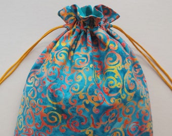 Cloth drawstring bag 9.5"x12" eco-friendly reusable cloth gift bag batik whimsical swirls (6633)