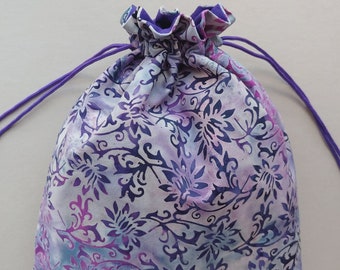 Cloth drawstring bag 9.25"x11.75" reusable eco-friendly cloth gift bag  cotton batik floral dark purple pink  (6634)