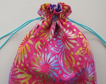 Fabric drawstring bag 9.5"x12.5" reusable cloth bag eco-friendly fabric gift bag island batik whimsical floral pink yellow blue (6631)