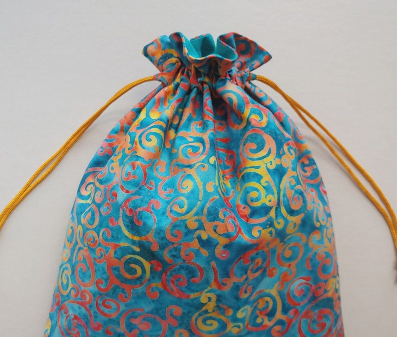 Cloth drawstring bag 9.5x12 eco-friendly reusable cloth gift bag batik whimsical swirls 6633 image 1