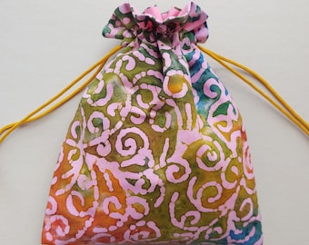 Fabric drawstring bag 7.25"x 9" fully lined reusable cloth bag pouch gift bag cotton batik swirls (#6637)