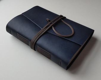 Leather journal 5.5"x 7.5" dark navy blue leather notebook travel diary sketchbook (7547)