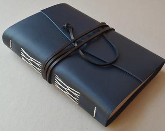 Leather journal 5.5"x 7.5" navy blue leather notebook travel diary sketchbook (7436)