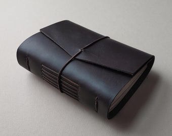 Small Dark Brown Leather Journal 3.5"x 4.5" pocket dairy sketchbook travel diary elastic closure (7504)