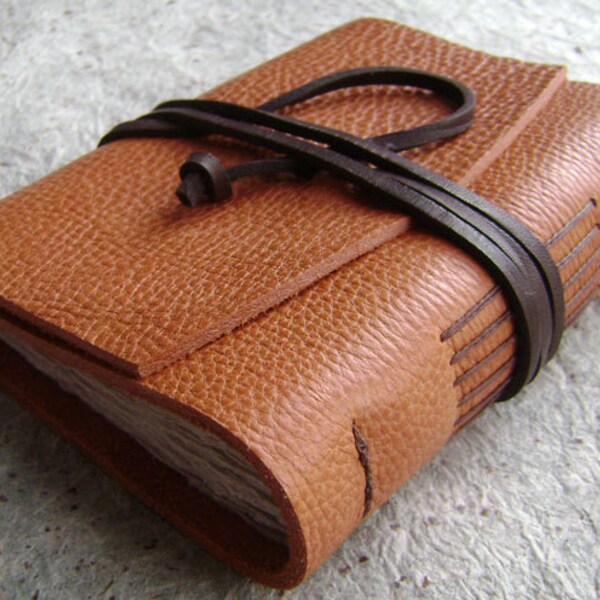 Small Leather Journal, 3.5"x 4.5", rustic orange, handmade journal by Dancing Grey Studio on Etsy(924)